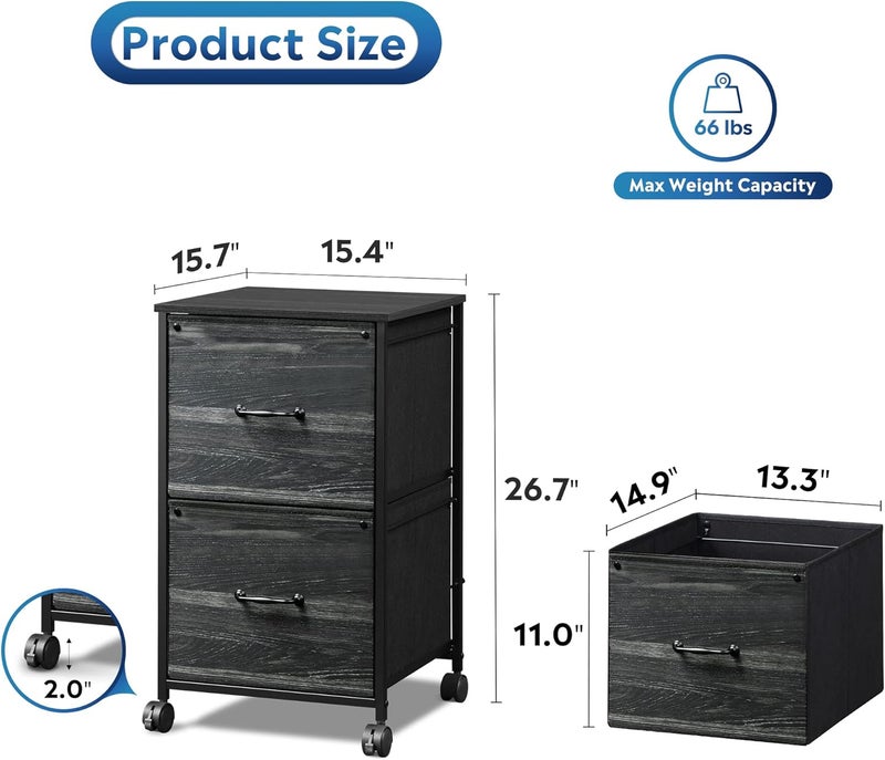 DEVAISE 2 Drawer Mobile File Cabinet, Rolling Printer Stand, Fabric Vertical Filing Cabinet fits A4 or Letter Size for Home Office, Charcoal Black Wood Grain Print - Image 3